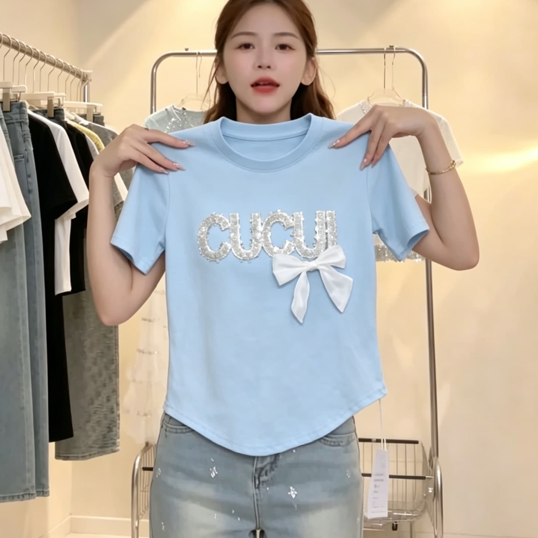 재고 있음 여름 새로운 순면 반팔 티셔츠 패션 다용도 라운드 넥 기본 셔츠 무거운 작업 유럽 상품 맨위 나비 매듭 상세 이미지 3