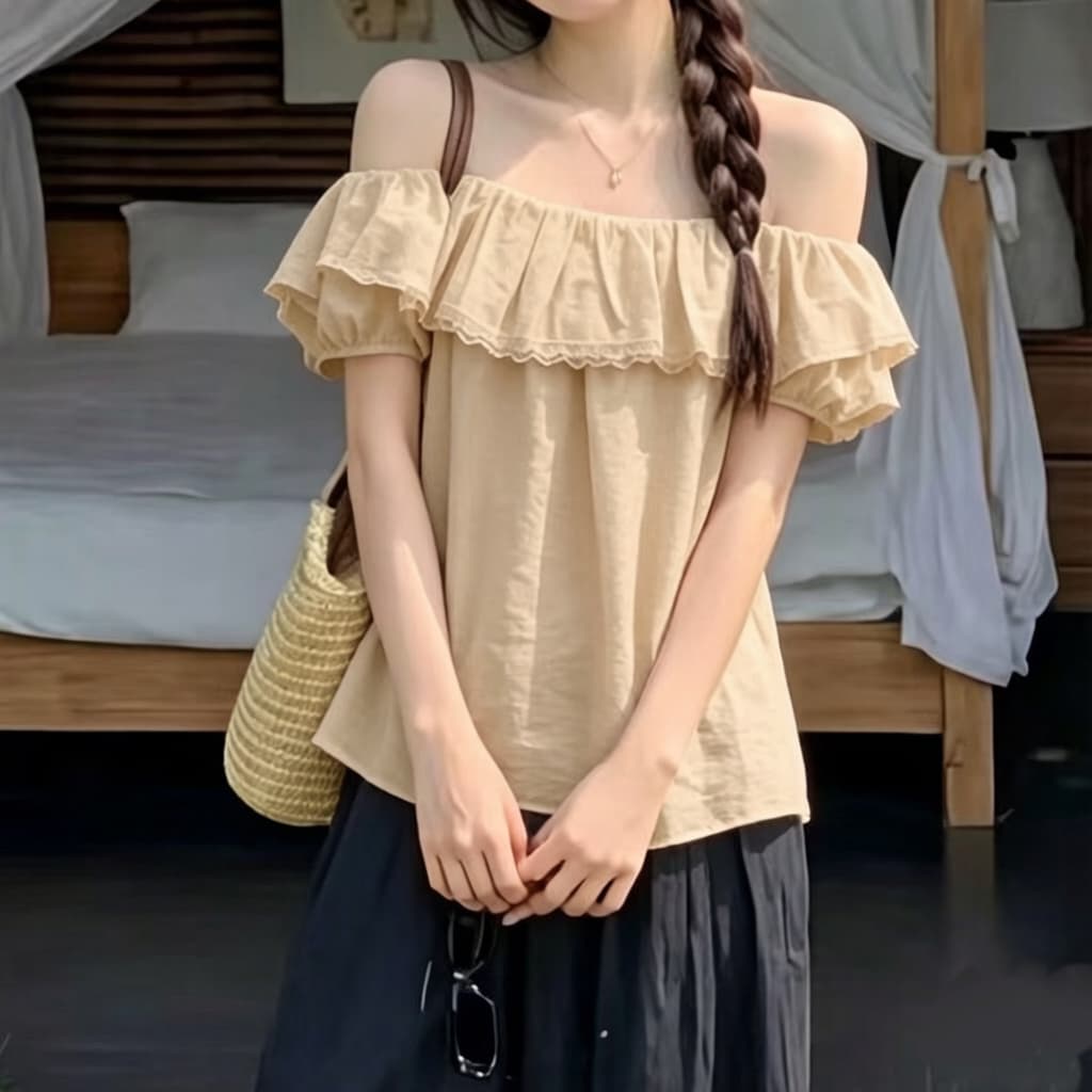 재고 있음 열세 개 프랑스식 프릴 보트넥 반팔 여성 셔츠 부드러운 귀여운 인형 작은 셔츠 이미지 5