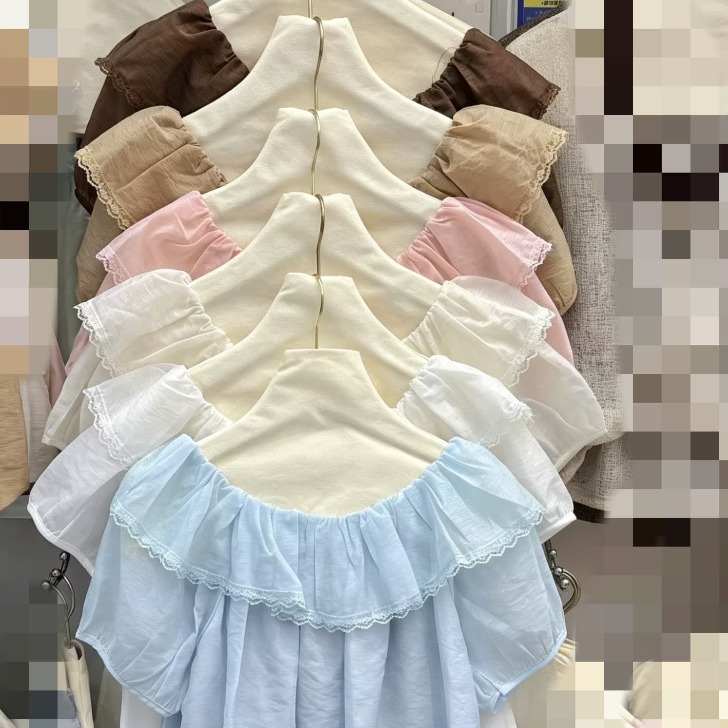 재고 있음 열세 개 프랑스식 프릴 보트넥 반팔 여성 셔츠 부드러운 귀여운 인형 작은 셔츠 상세 이미지 2
