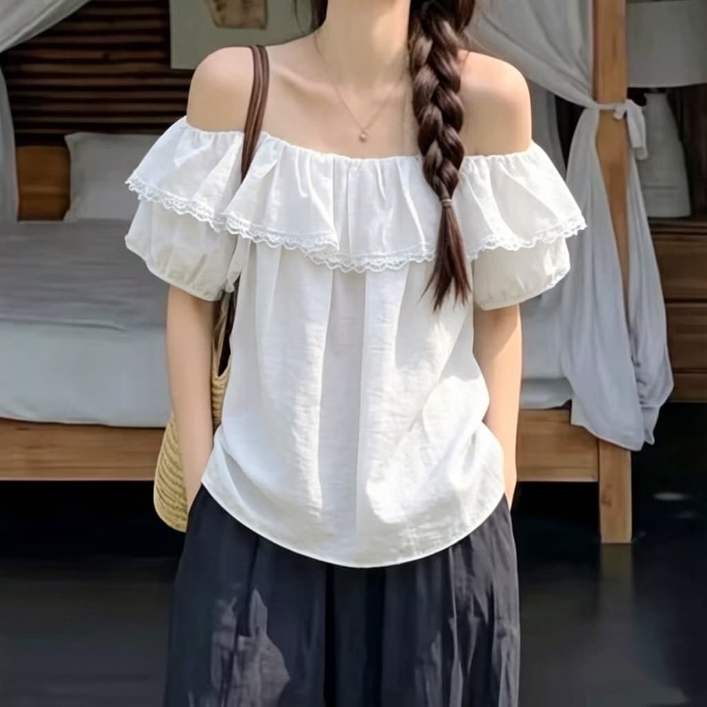 재고 있음 열세 개 프랑스식 프릴 보트넥 반팔 여성 셔츠 부드러운 귀여운 인형 작은 셔츠 상세 이미지 3