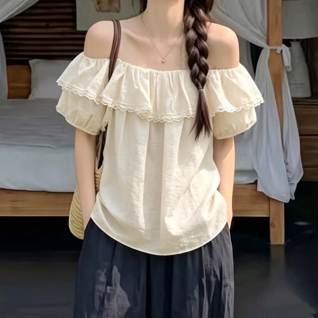 재고 있음 열세 개 프랑스식 프릴 보트넥 반팔 여성 셔츠 부드러운 귀여운 인형 작은 셔츠 상세 이미지 5