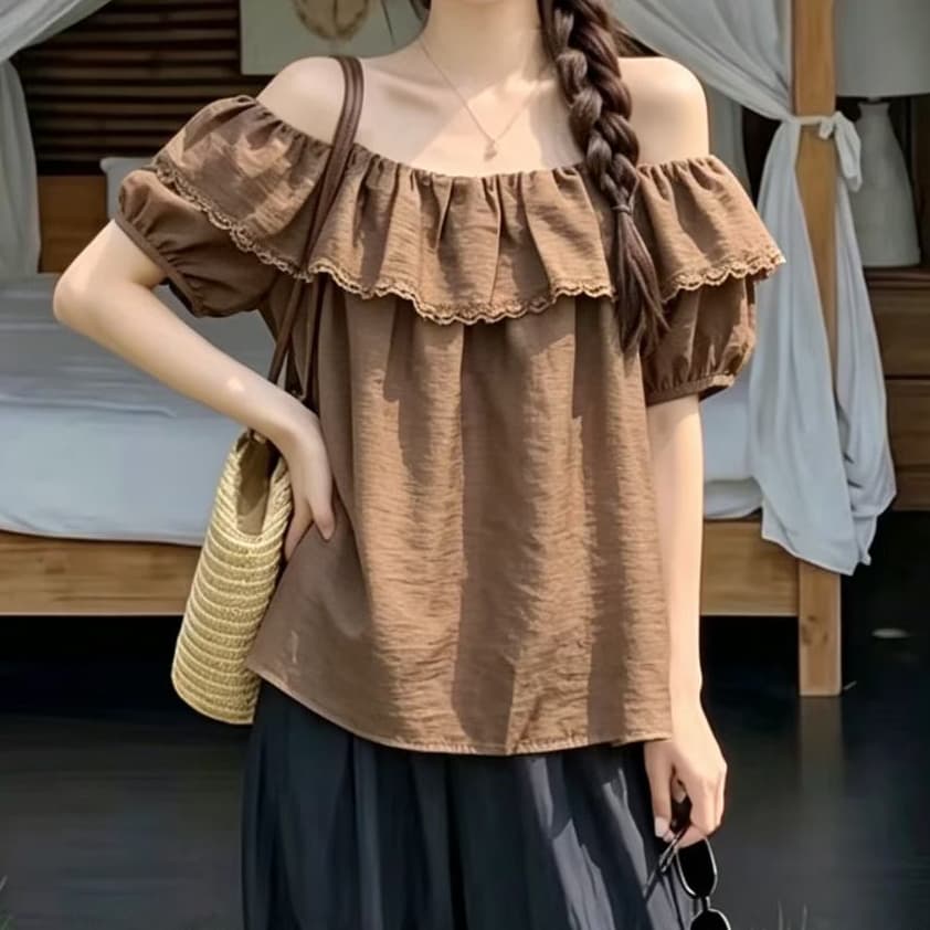 재고 있음 열세 개 프랑스식 프릴 보트넥 반팔 여성 셔츠 부드러운 귀여운 인형 작은 셔츠 상세 이미지 6