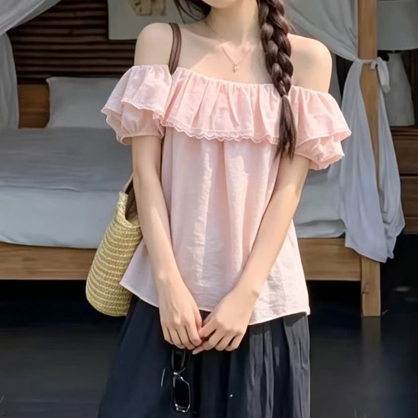 재고 있음 열세 개 프랑스식 프릴 보트넥 반팔 여성 셔츠 부드러운 귀여운 인형 작은 셔츠 상세 이미지 7