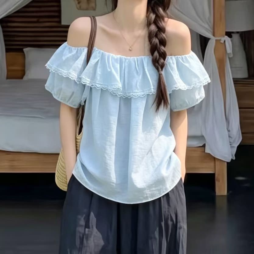 재고 있음 열세 개 프랑스식 프릴 보트넥 반팔 여성 셔츠 부드러운 귀여운 인형 작은 셔츠 상세 이미지 8