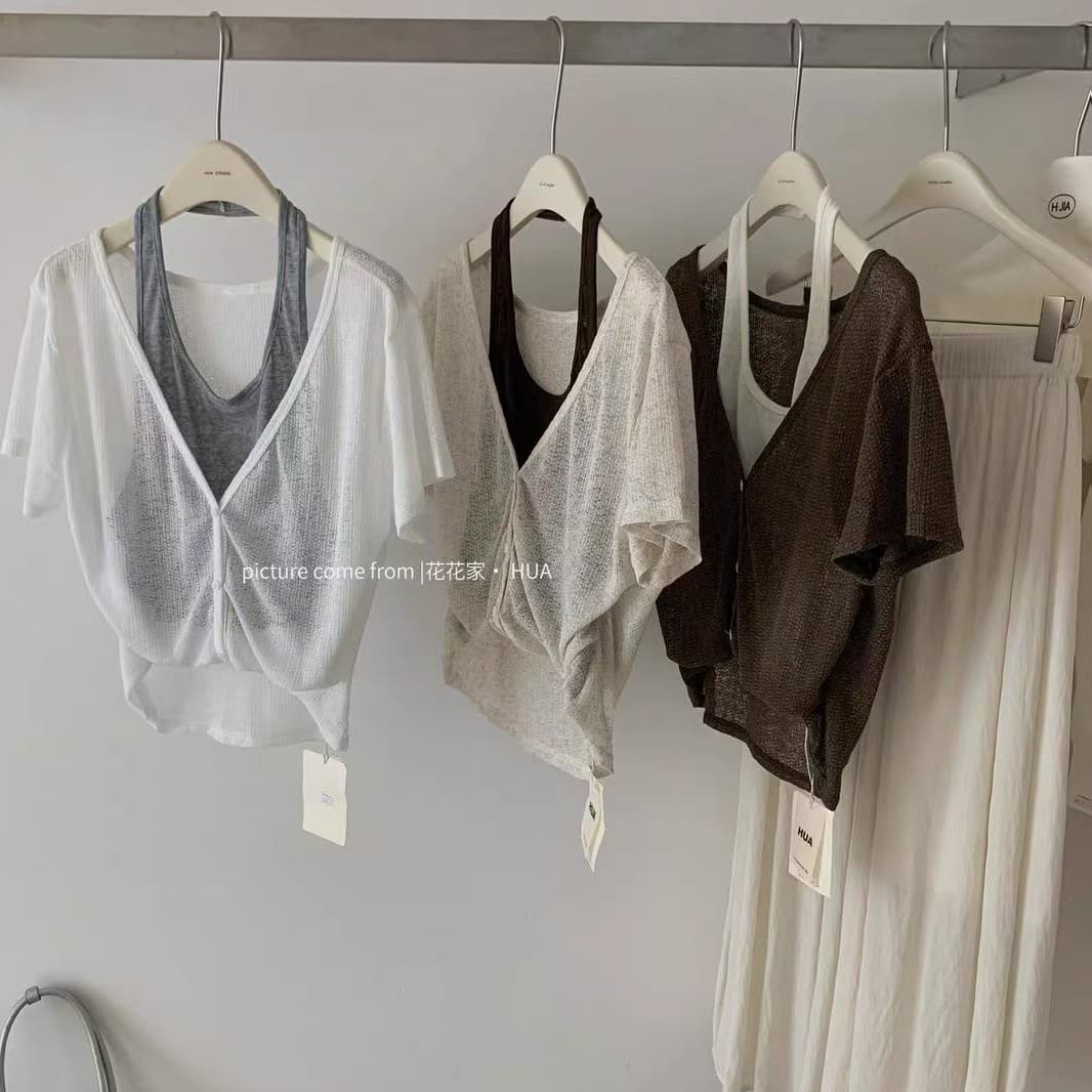 재고 있음 한 부서 부드러운 바람 행침 목 페이크 레이어드 반팔 티셔츠 여름 캐주얼 바람 V넥 루즈핏 얇은 스타일 배색 맨위 이미지 5