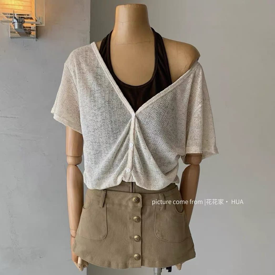 재고 있음 한 부서 부드러운 바람 행침 목 페이크 레이어드 반팔 티셔츠 여름 캐주얼 바람 V넥 루즈핏 얇은 스타일 배색 맨위 상세 이미지 5