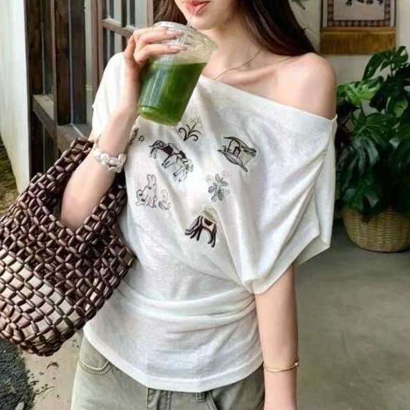 재고 있음 핫걸 바람 자수 품격 보트넥 반팔 티셔츠 여성 여름 연령 감소 슈퍼 잘 생긴 오프숄더 허리 수축 맨위 상세 이미지 1