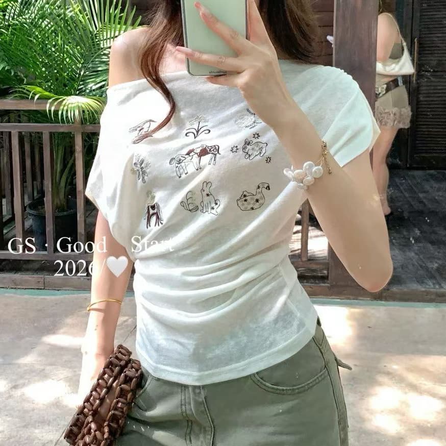 재고 있음 핫걸 바람 자수 품격 보트넥 반팔 티셔츠 여성 여름 연령 감소 슈퍼 잘 생긴 오프숄더 허리 수축 맨위 상세 이미지 2