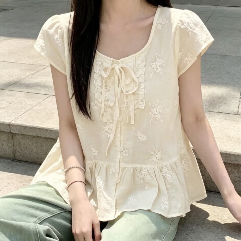 재고 있음 프릴 레이스업 반팔 셔츠 여름 새로운 자수 연령 감소 맨위 루즈핏 다용도 셔츠 외국 가스 작은 셔츠 상세 이미지 2