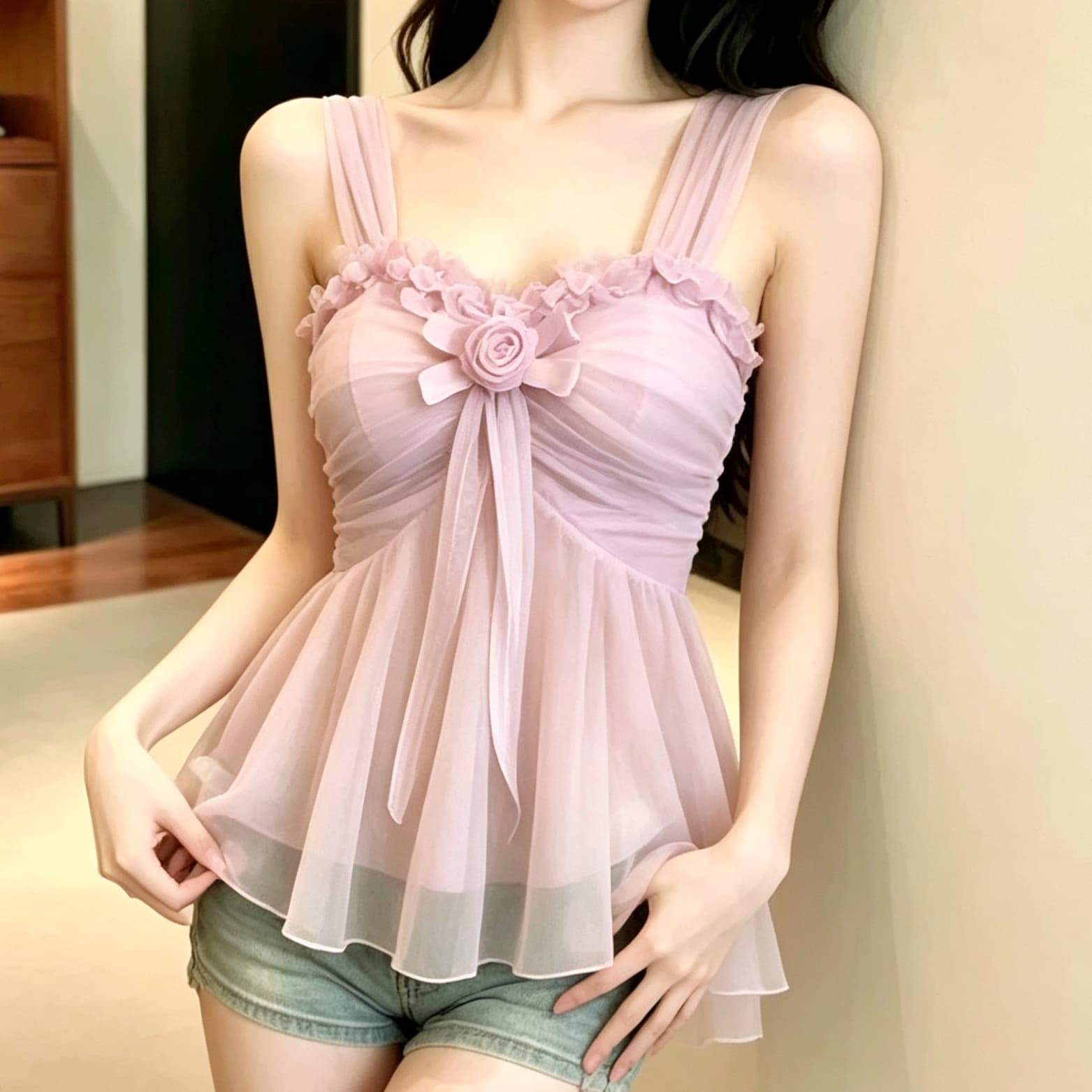 재고 있음 빛 요리 한 달콤한 매운맛 바람 3 차원 작은 꽃 주름 슬립 하이웨이스트 허리 수축 망사 펀 진자 순수한 욕망 분위기 센스 맨위 상세 이미지 9