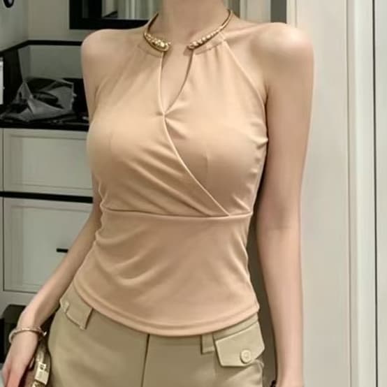 재고 있음 행침 목 V넥 오프숄더 조끼 여성 여름 고급 센스 로얄 자매 바람 몸매 가꾸기 민소매 품격 맨위 상세 이미지 8