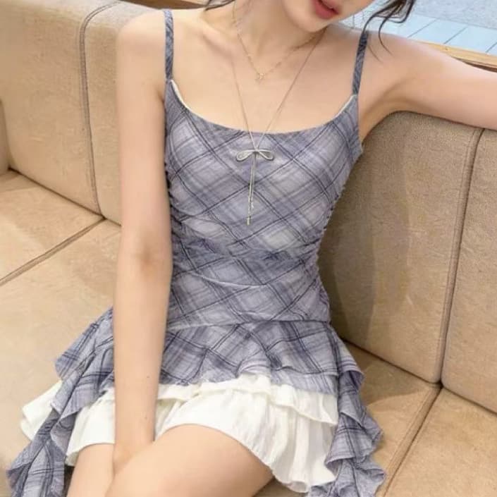 재고 있음 핫걸 불규칙 프릴 리본 체크무늬 캐미솔 여름 디자인 센스 주름 허리 수축 슬림해 보이는 맨위 상세 이미지 7