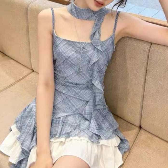 재고 있음 핫걸 불규칙 프릴 리본 체크무늬 캐미솔 여름 디자인 센스 주름 허리 수축 슬림해 보이는 맨위 상세 이미지 8