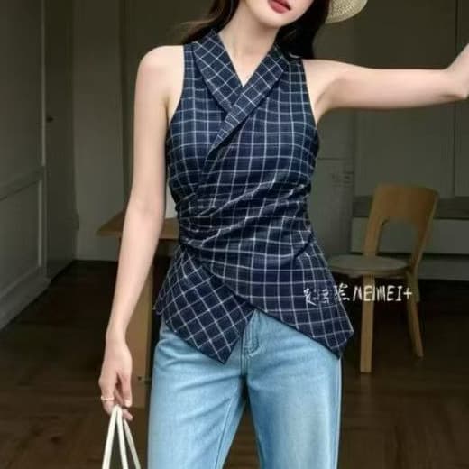 재고 있음 열세 개 한 부서 레트로 체크무늬 허리 수축 스트랩 조끼 십자가 V넥 불규칙 밑단 슬림해 보이는 맨위 상세 이미지 6