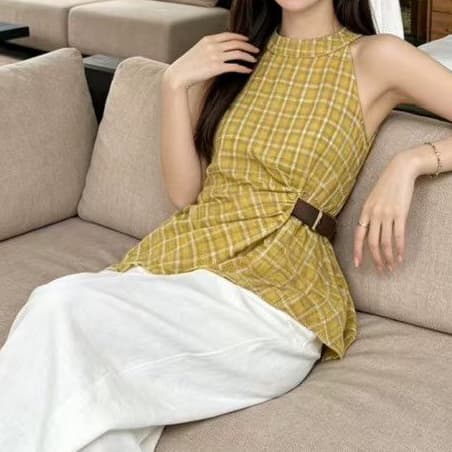 재고 있음 레트로 황색 체크무늬 행침 목 오프숄더 조끼 여름 새로운 디자인 센스 주름 허리 수축 슬림해 보이는 민소매 맨위 상세 이미지 1