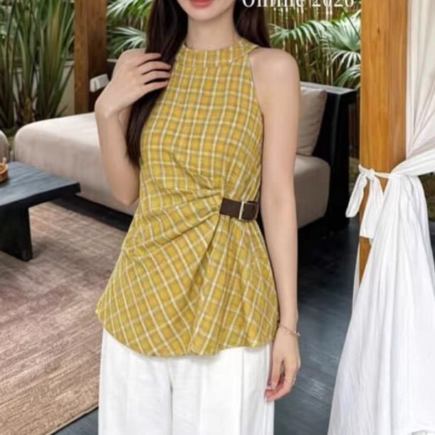 재고 있음 레트로 황색 체크무늬 행침 목 오프숄더 조끼 여름 새로운 디자인 센스 주름 허리 수축 슬림해 보이는 민소매 맨위 상세 이미지 2