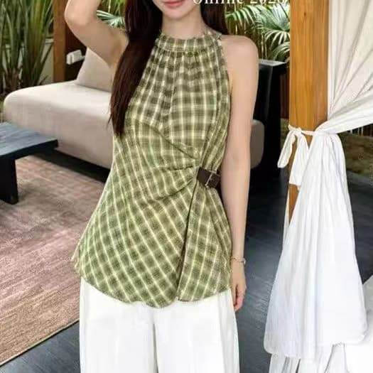 재고 있음 레트로 황색 체크무늬 행침 목 오프숄더 조끼 여름 새로운 디자인 센스 주름 허리 수축 슬림해 보이는 민소매 맨위 상세 이미지 4
