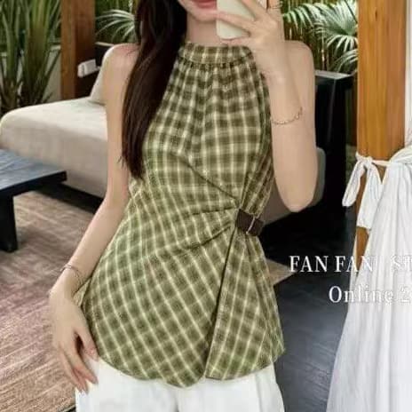 재고 있음 레트로 황색 체크무늬 행침 목 오프숄더 조끼 여름 새로운 디자인 센스 주름 허리 수축 슬림해 보이는 민소매 맨위 상세 이미지 5