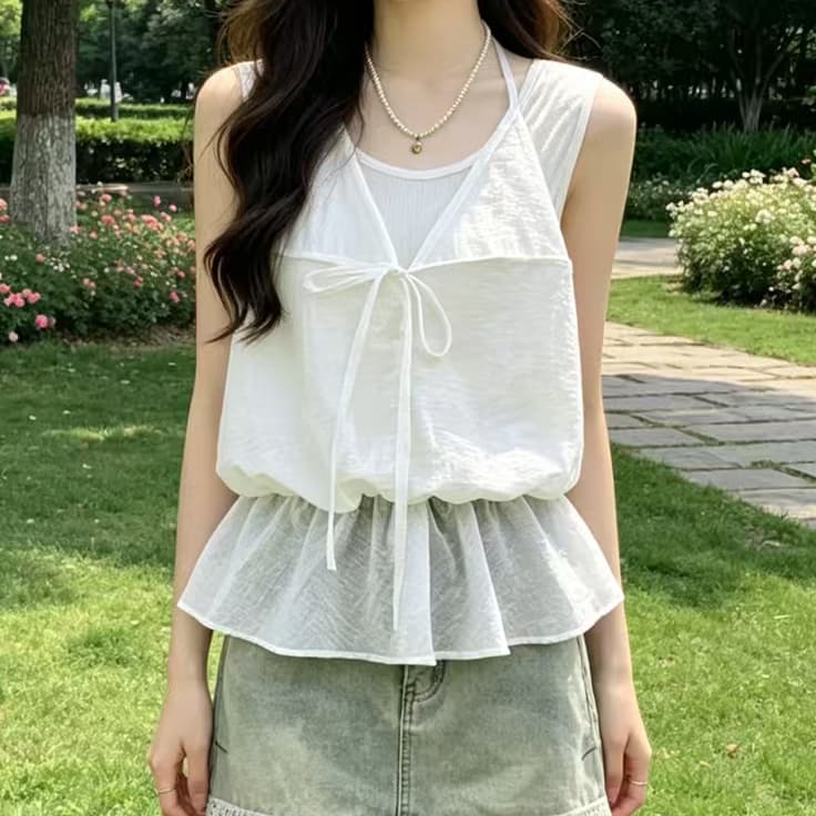 재고 있음 한 부서 디자인 센스 페이크 레이어드 행침 목 레이스업 조끼 여성 여름 프릴 연령 감소 루즈핏 다용도 맨위 이미지 2
