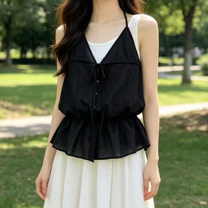 재고 있음 한 부서 디자인 센스 페이크 레이어드 행침 목 레이스업 조끼 여성 여름 프릴 연령 감소 루즈핏 다용도 맨위 상세 이미지 9