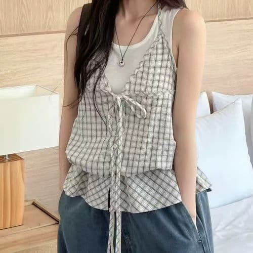재고 있음 한 부서 배색 체크무늬 패치워크 페이크 레이어드 행침 목 레이스업 조끼 여성 여름 루즈핏 캐주얼 다용도 맨위