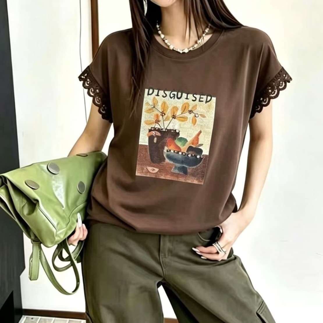 재고 있음 한 부서 작은 날다 소매 티셔츠 여성용 짧은 소매 새로운 루즈핏 다용도 슈퍼 화재 연령 감소 레이스 조각 맨위 여름 드레스 이미지 2