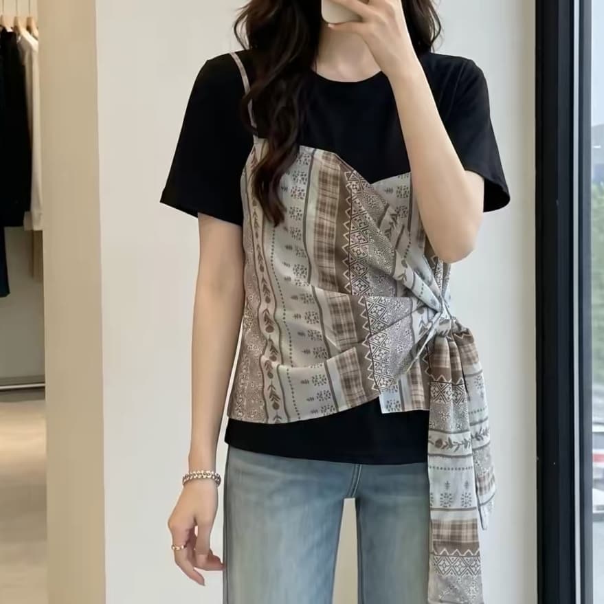 재고 있음 한국 스타일 가을 새로운 레이스 프릴 패치워크 면 소재 반팔 여성 티셔츠 인형 셔츠 루즈핏 체크무늬 맨위 이미지 5