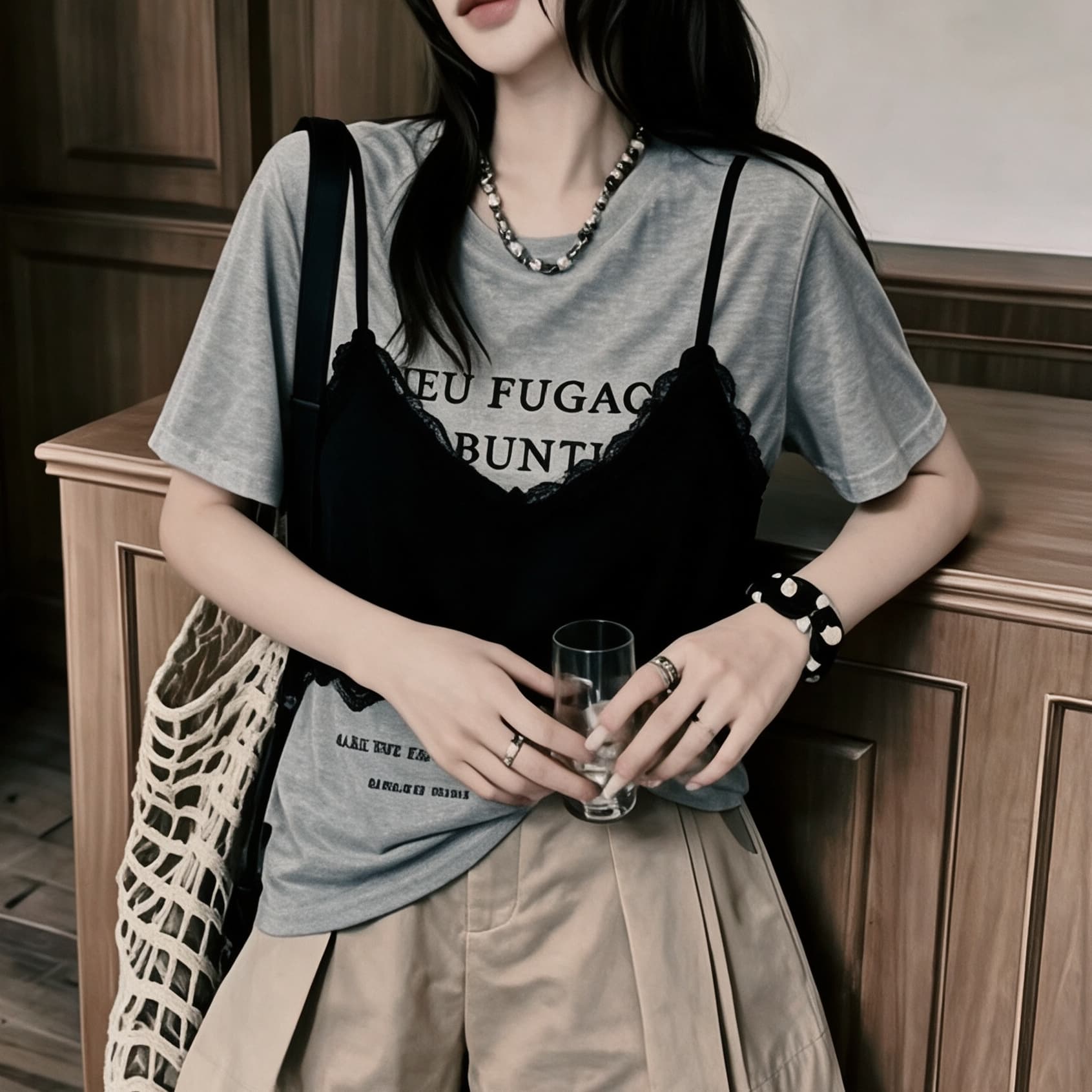 재고 있음 한국 동대문 구매 레이스 측면 슬립 패치워크 알파벳 프린트 반팔 티셔츠 페이크 레이어드 상세 이미지 5