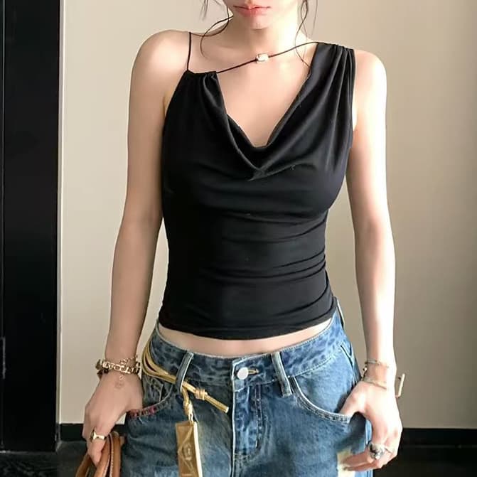 재고 있음 프랑스식 품격 흔들다 칼라 금속 장식 캐미솔 여름 새로운 슬림해 보이는 고유 한 Chic 맨위 트렌디 이미지 4