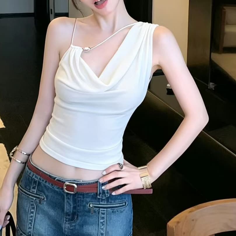 재고 있음 프랑스식 품격 흔들다 칼라 금속 장식 캐미솔 여름 새로운 슬림해 보이는 고유 한 Chic 맨위 트렌디 이미지 5