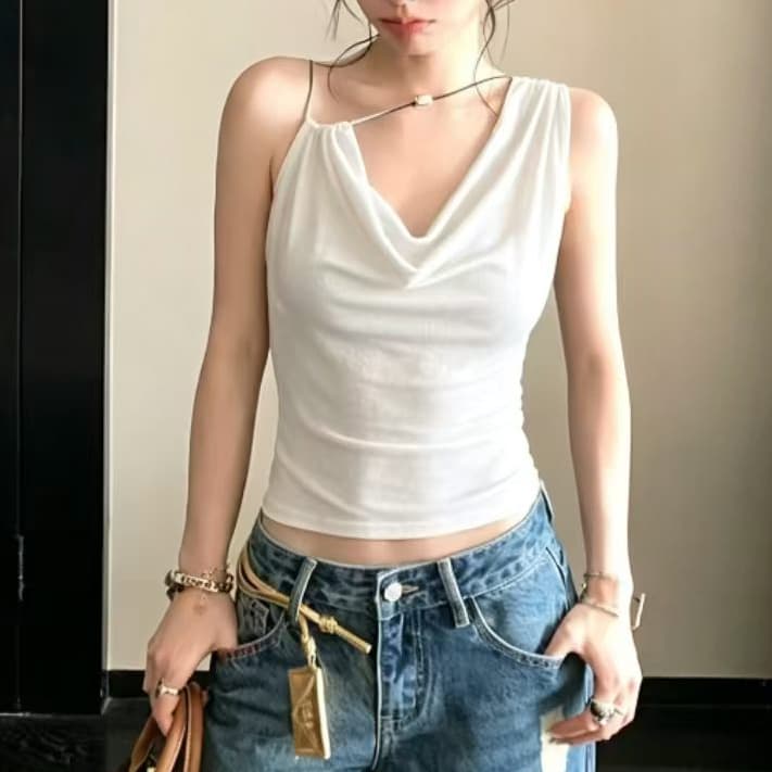 재고 있음 프랑스식 품격 흔들다 칼라 금속 장식 캐미솔 여름 새로운 슬림해 보이는 고유 한 Chic 맨위 트렌디 상세 이미지 5