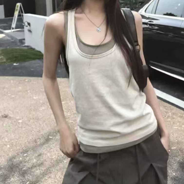 재고 있음 캐미솔 새로운 여름 외출용 고유 한 슈퍼 잘 생긴 몸매 가꾸기 민소매 맨위 여성 투피스 세트 상세 이미지 4