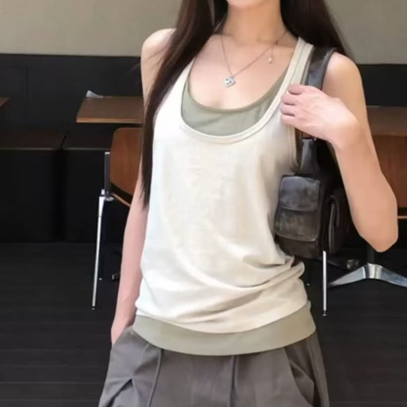 재고 있음 캐미솔 새로운 여름 외출용 고유 한 슈퍼 잘 생긴 몸매 가꾸기 민소매 맨위 여성 투피스 세트 상세 이미지 6