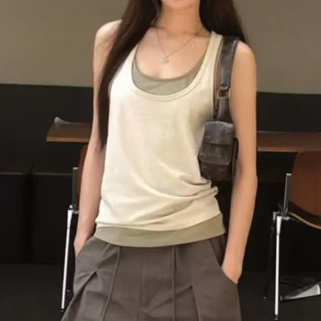재고 있음 캐미솔 새로운 여름 외출용 고유 한 슈퍼 잘 생긴 몸매 가꾸기 민소매 맨위 여성 투피스 세트 상세 이미지 7