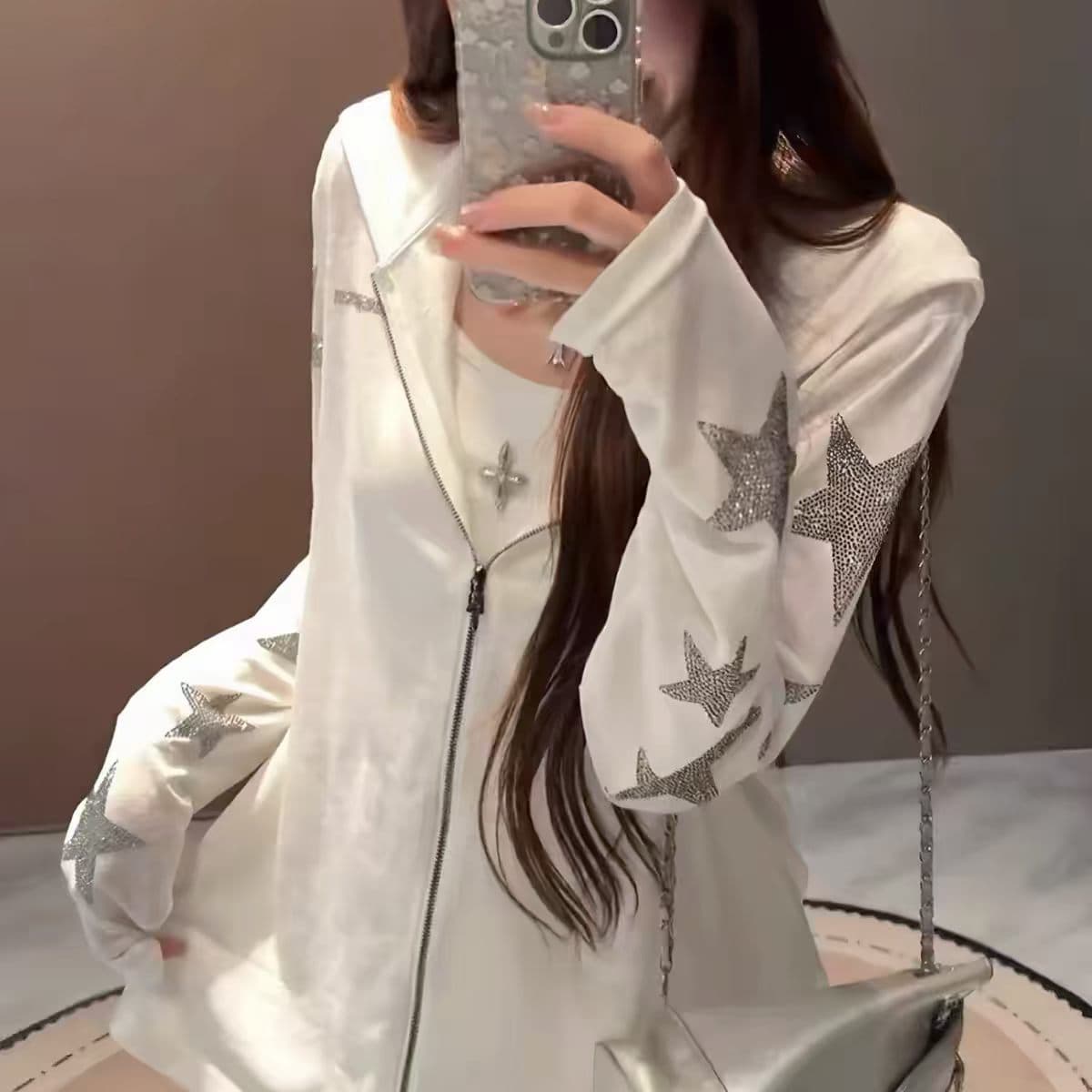 재고 있음 여름 Tulle 별 핫픽스 후드 블라우스 긴팔 여성 통기성 루즈핏 지퍼 자외선 차단 의류 야외 재킷 이미지 2