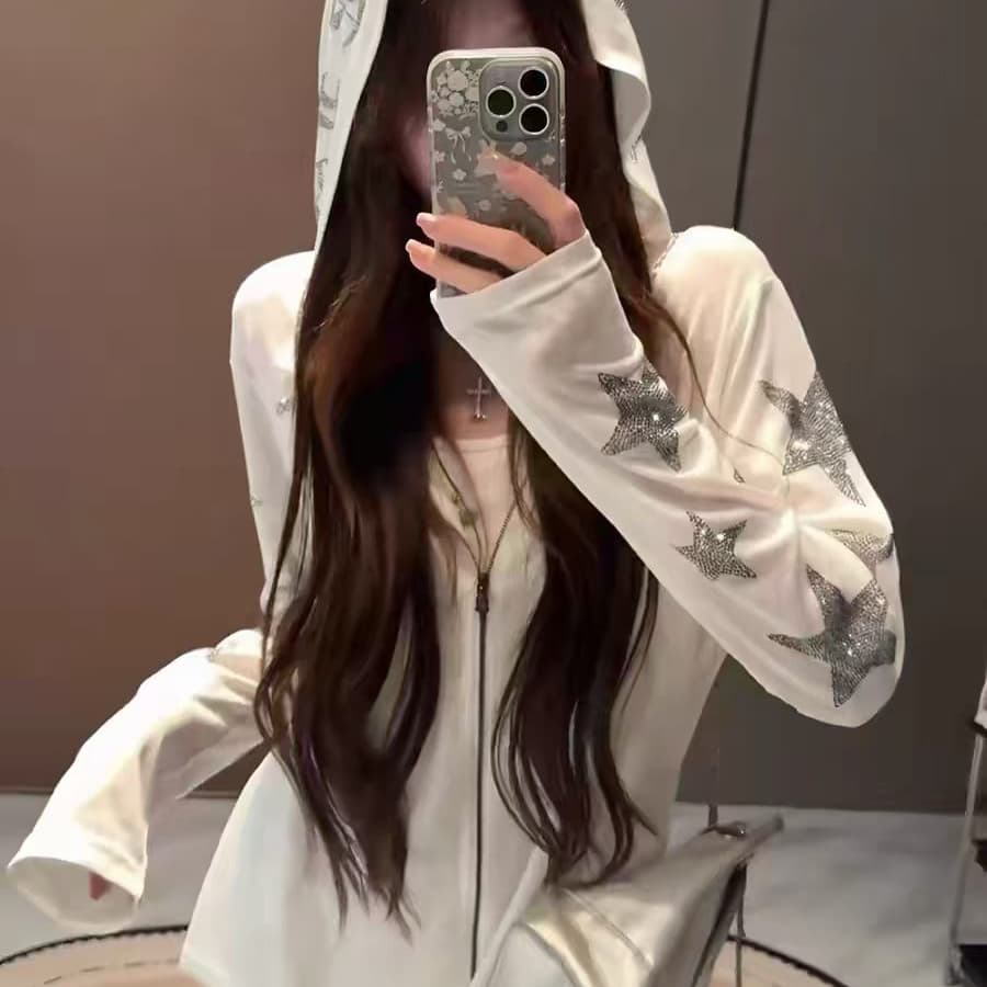 재고 있음 여름 Tulle 별 핫픽스 후드 블라우스 긴팔 여성 통기성 루즈핏 지퍼 자외선 차단 의류 야외 재킷 상세 이미지 5