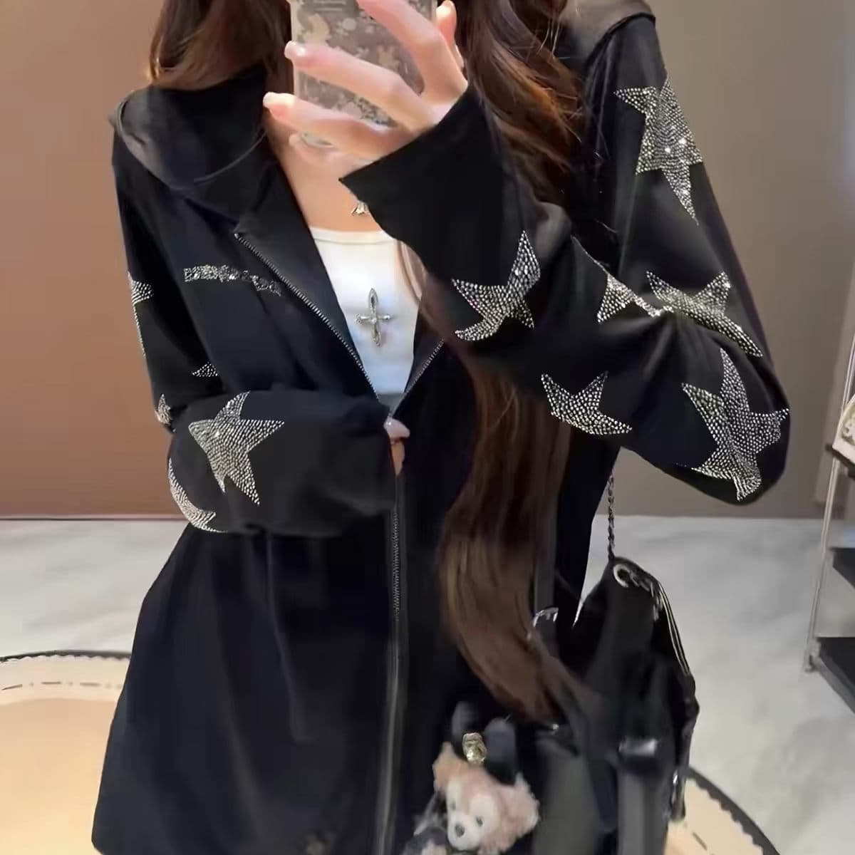 재고 있음 여름 Tulle 별 핫픽스 후드 블라우스 긴팔 여성 통기성 루즈핏 지퍼 자외선 차단 의류 야외 재킷 상세 이미지 6