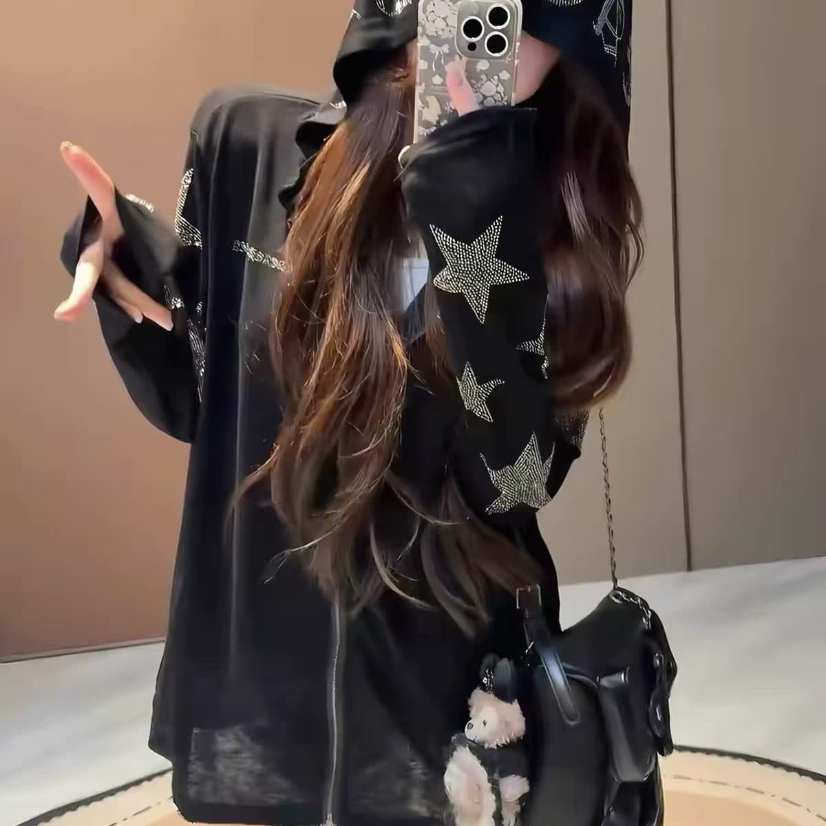 재고 있음 여름 Tulle 별 핫픽스 후드 블라우스 긴팔 여성 통기성 루즈핏 지퍼 자외선 차단 의류 야외 재킷 상세 이미지 7