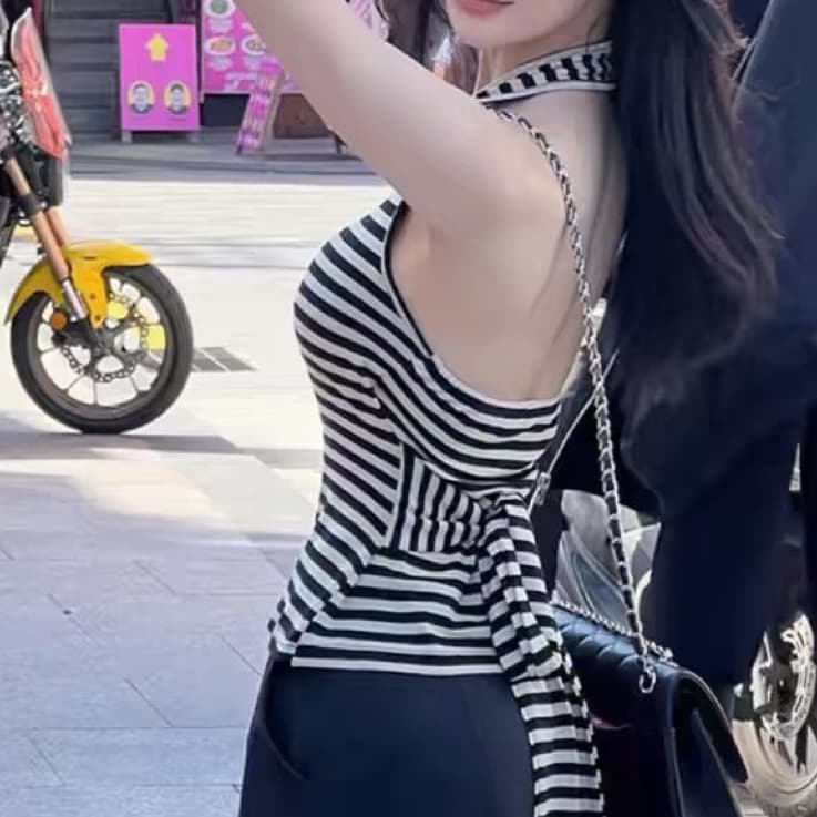 재고 있음 스트라이프 배색 행침 목 백리스 스트랩 허리 수축 캐미솔 인사이드 가져 가라. 몸매 가꾸기 민소매 외출용 핫걸 맨위 이미지 3