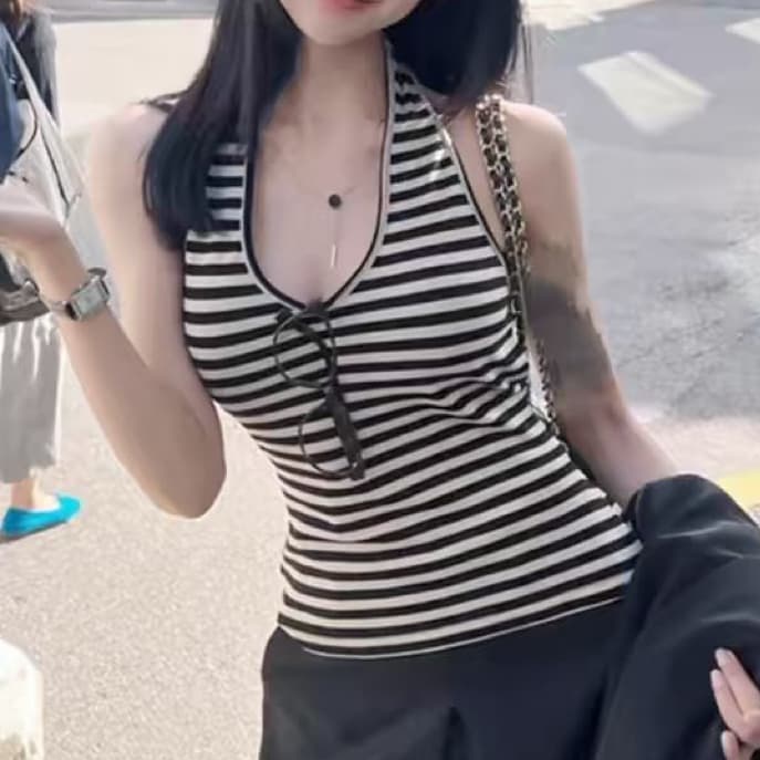 재고 있음 스트라이프 배색 행침 목 백리스 스트랩 허리 수축 캐미솔 인사이드 가져 가라. 몸매 가꾸기 민소매 외출용 핫걸 맨위 이미지 2