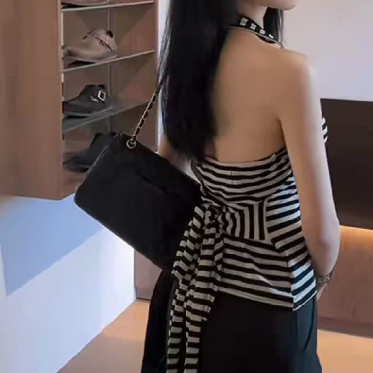 재고 있음 스트라이프 배색 행침 목 백리스 스트랩 허리 수축 캐미솔 인사이드 가져 가라. 몸매 가꾸기 민소매 외출용 핫걸 맨위 상세 이미지 4