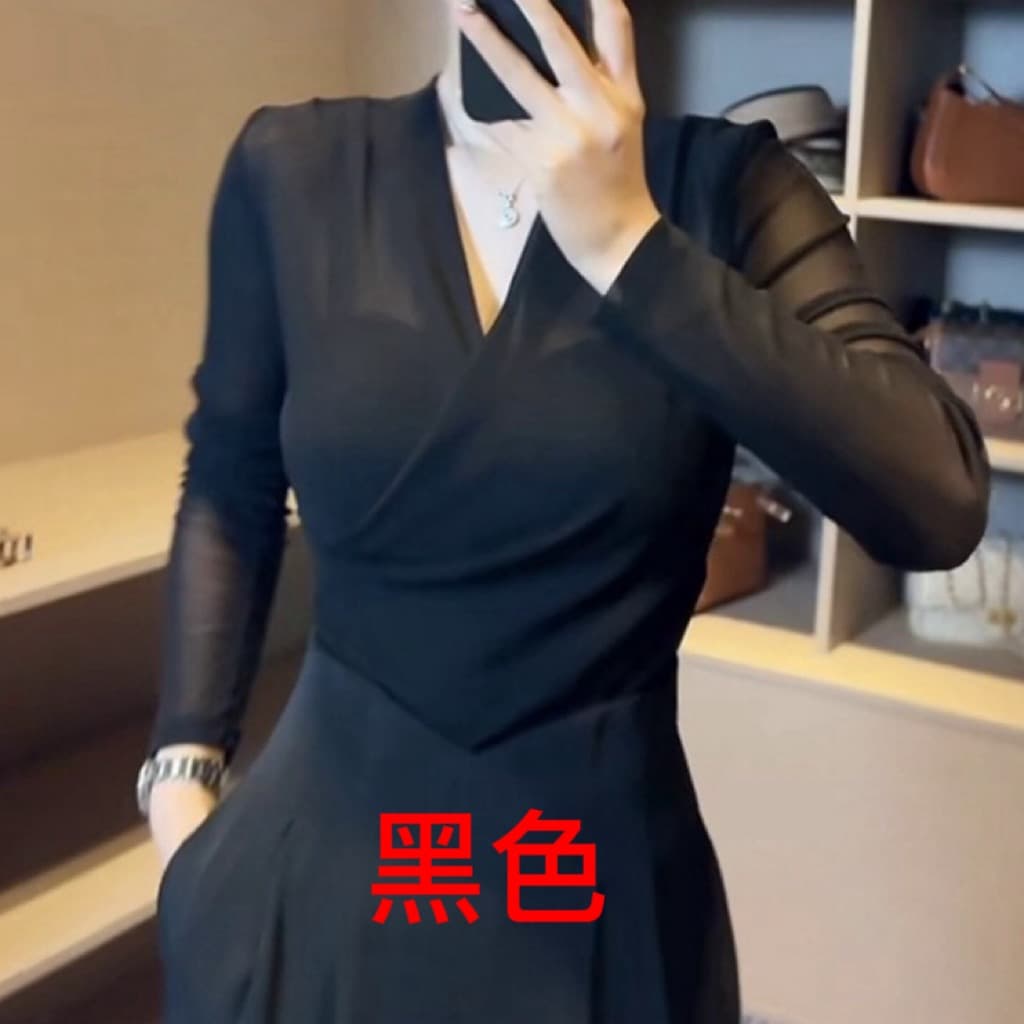 재고 있음 망사 얇은 스타일 십자가 V넥 긴팔 티셔츠 이른 가을 새로운 섹시함 시스루 허리 수축 품격 기본 셔츠 맨위 이미지 3