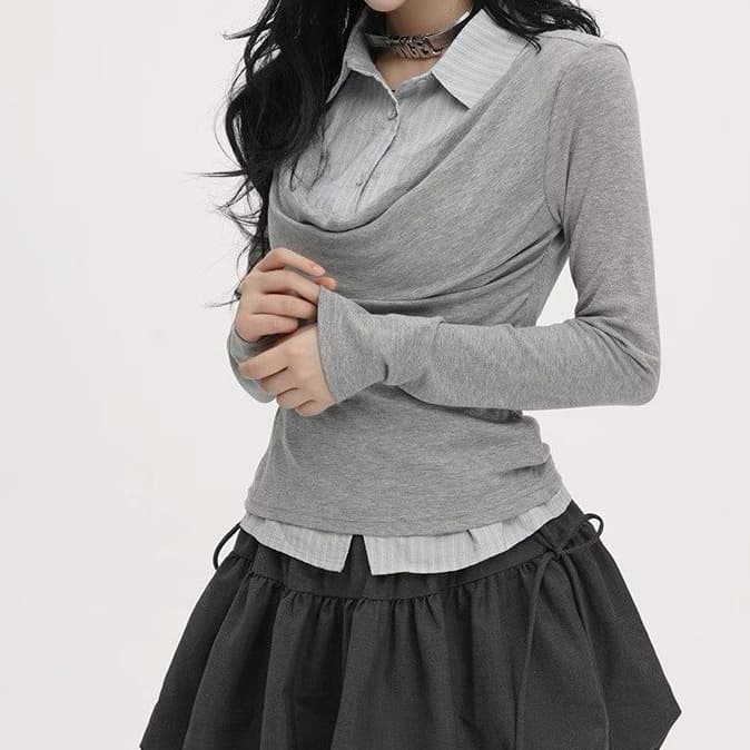 재고 있음 한 부서 긴팔 페이크 레이어드 흔들다 칼라 맨위 여성 이른 가을 작은 대중 디자인 센스 몸매 가꾸기 패치워크 스트라이프 셔츠
