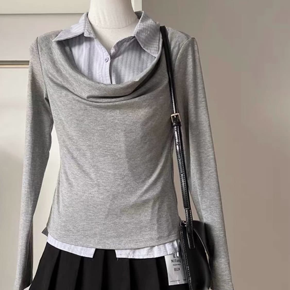 재고 있음 한 부서 긴팔 페이크 레이어드 흔들다 칼라 맨위 여성 이른 가을 작은 대중 디자인 센스 몸매 가꾸기 패치워크 스트라이프 셔츠 상세 이미지 3