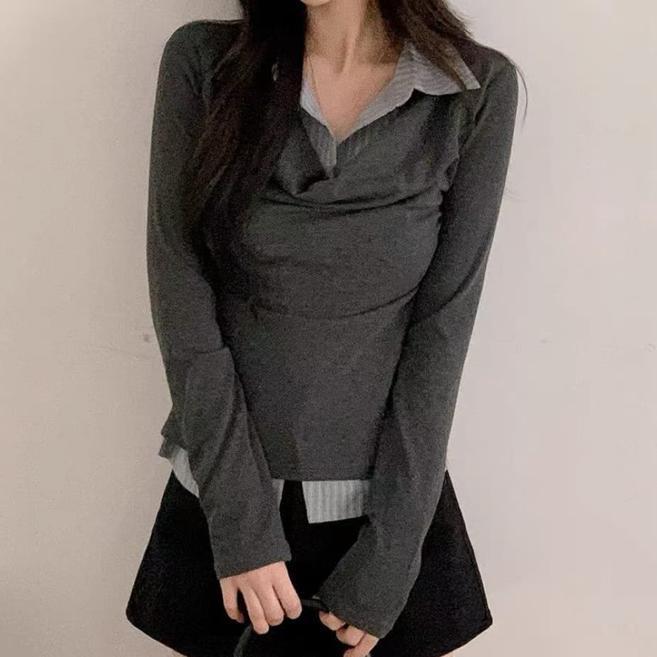 재고 있음 한 부서 긴팔 페이크 레이어드 흔들다 칼라 맨위 여성 이른 가을 작은 대중 디자인 센스 몸매 가꾸기 패치워크 스트라이프 셔츠 상세 이미지 4
