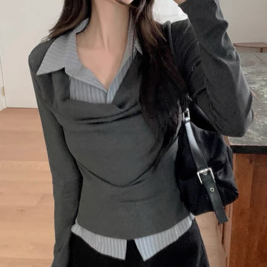 재고 있음 한 부서 긴팔 페이크 레이어드 흔들다 칼라 맨위 여성 이른 가을 작은 대중 디자인 센스 몸매 가꾸기 패치워크 스트라이프 셔츠 상세 이미지 5