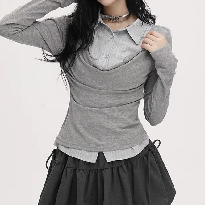 재고 있음 한 부서 긴팔 페이크 레이어드 흔들다 칼라 맨위 여성 이른 가을 작은 대중 디자인 센스 몸매 가꾸기 패치워크 스트라이프 셔츠 상세 이미지 8