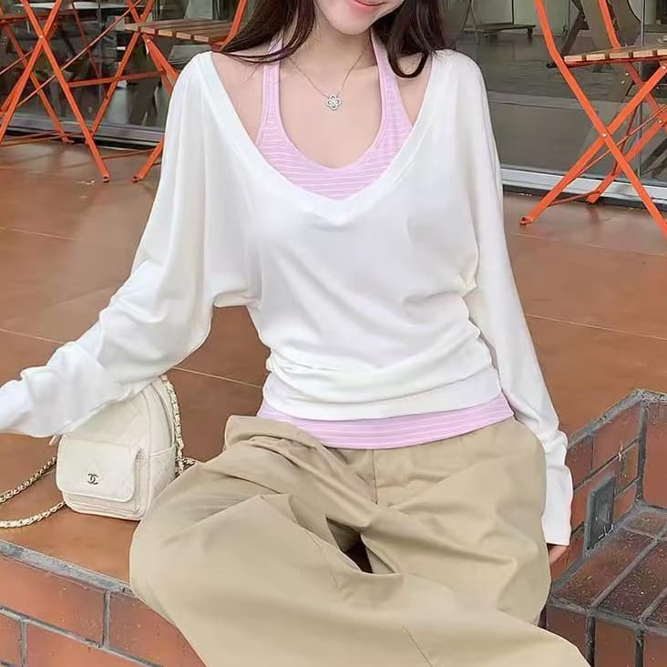 재고 있음 V넥 긴팔 티셔츠 맨위 스트라이프 행침 목 슬립 봄 가을 다용도 자외선 차단 블라우스 패션 투피스 조끼 이미지 4