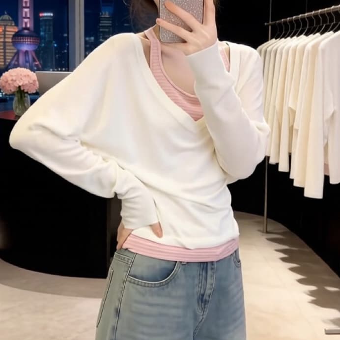 재고 있음 V넥 긴팔 티셔츠 맨위 스트라이프 행침 목 슬립 봄 가을 다용도 자외선 차단 블라우스 패션 투피스 조끼 이미지 3