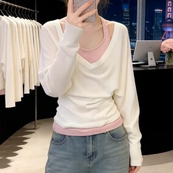 재고 있음 V넥 긴팔 티셔츠 맨위 스트라이프 행침 목 슬립 봄 가을 다용도 자외선 차단 블라우스 패션 투피스 조끼 상세 이미지 2